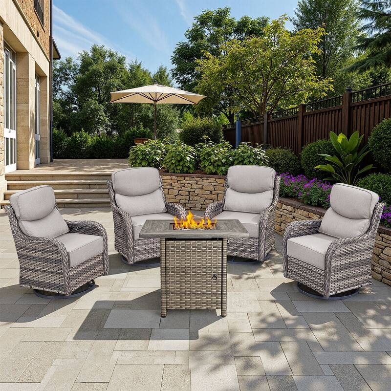 Arcadia 5-Piece Patio Conversation Set with 4 Swivel Glider Chairs and Wicker Square Fire Pit - Beige Cushions - Gray Wicker