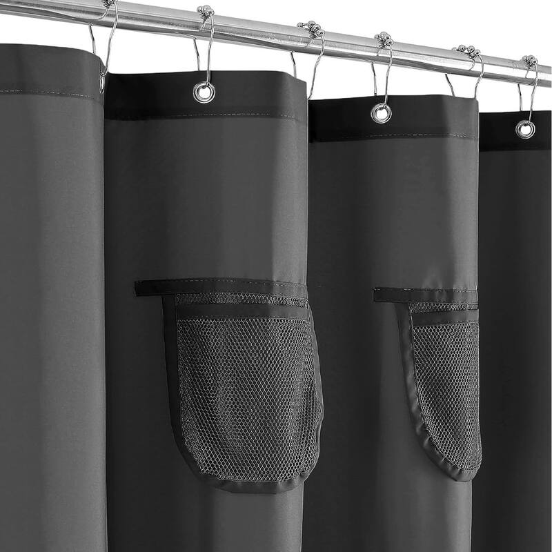 72"x72" - PEVA Grey Heavyweight Thick Shower Curtain Liner With Mesh Storage Pockets