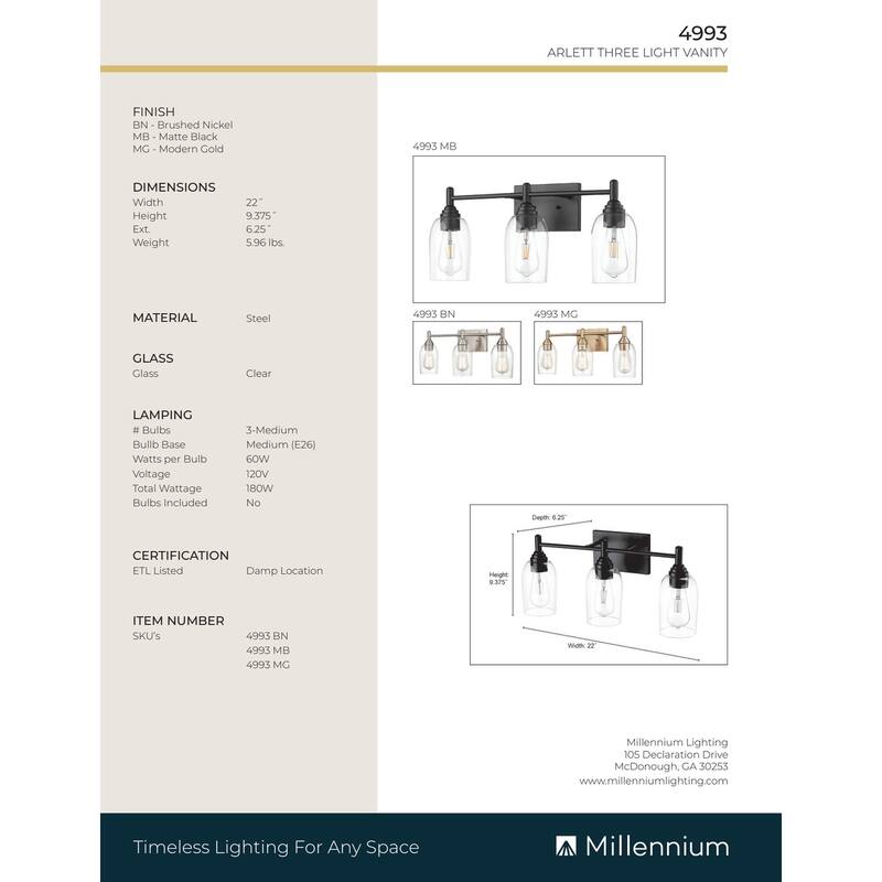 Millennium Lighting Arlett 3 Light Vanity fixture in Multiple Finishes with Clear Glass Shades