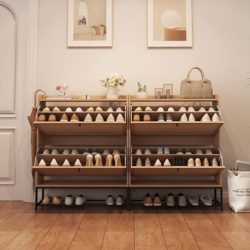 Free-standing Two-tier Flip-out Drawer Wooden Shoe Storage