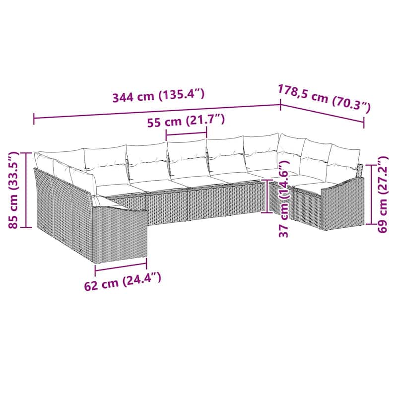 vidaXL 11 Garden Sofa Set with Cushions Black Poly Rattan - 135.4 x 70.3 x 27.2