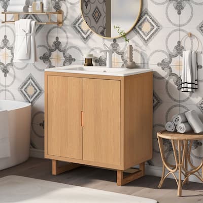 30 inch Solid Wood Freestanding Bathroom Vanity Set in Burly Wood with White Integrated Resin Sink
