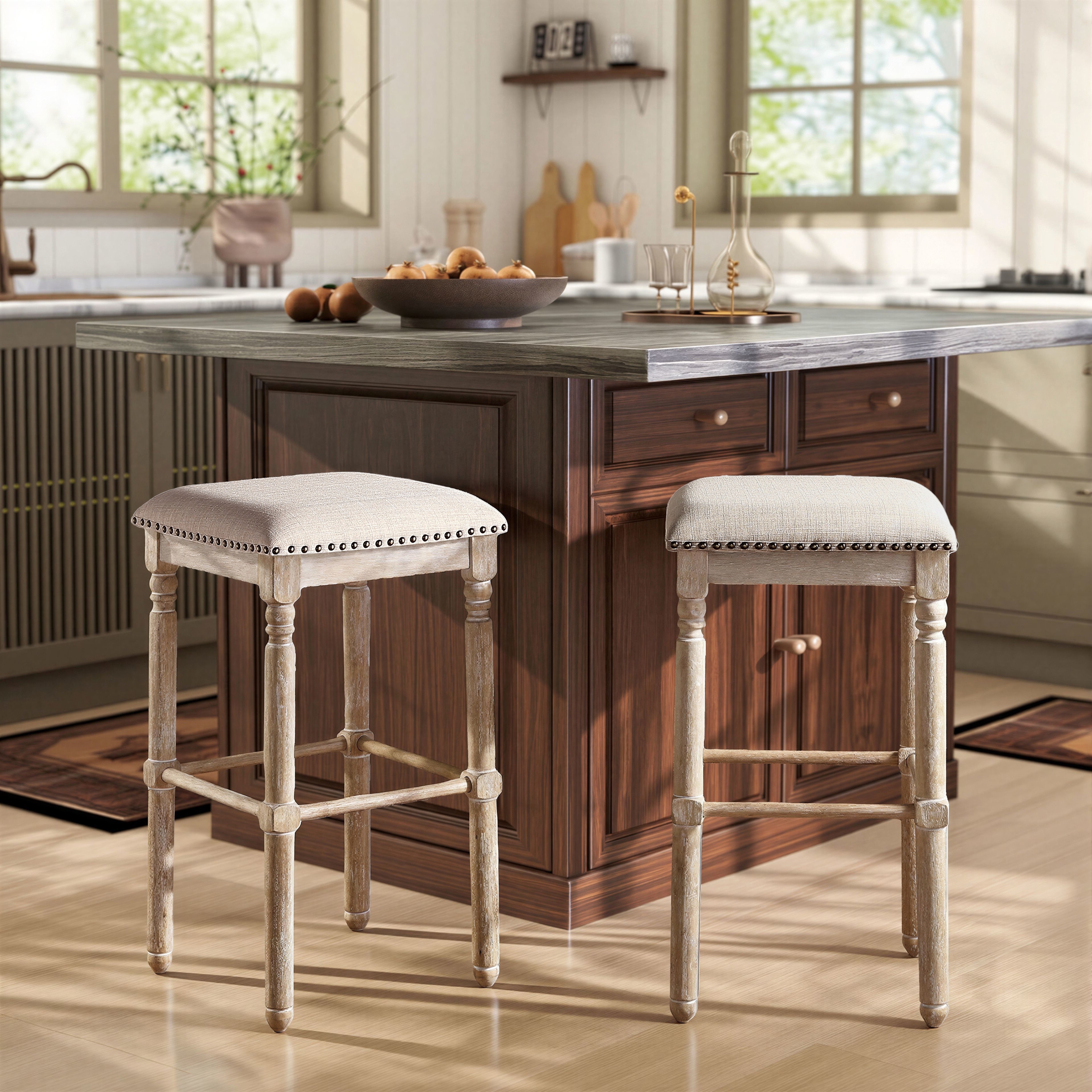 Roundhill Furniture Arnhem Wood Upholstered Bar Stools, Set of 2