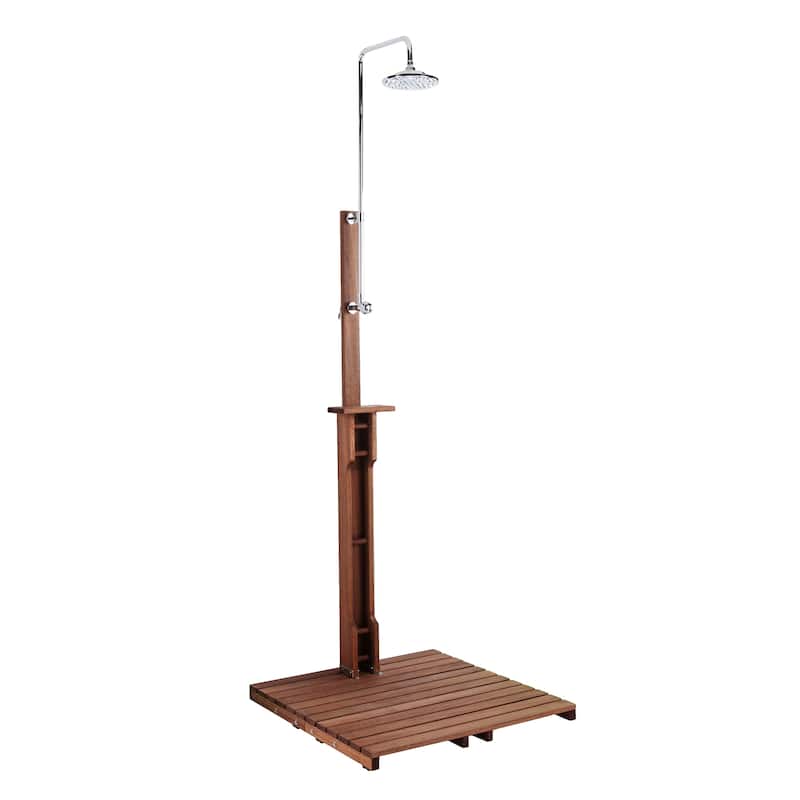 SEI Furniture Parson Oiled Eucalyptus Freestanding Outdoor Shower with Slatted Wood Base and Soap Dish