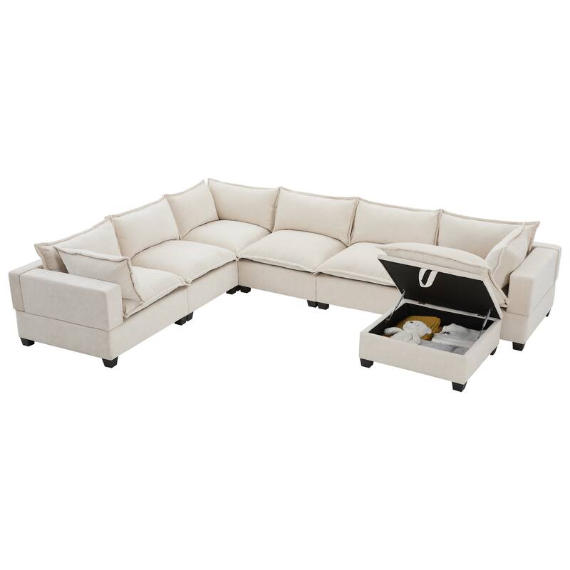 Roomfitters 117.5" Modular U-Shaped Sectional Sofa with Storage Ottoman, 7 Seat Wide Chenille Couch, Living Room Sofa