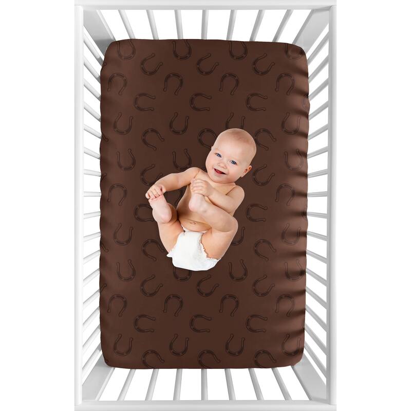 Sweet Jojo Designs Chocolate Brown Boy Fitted Mini Portable Crib Sheet Horseshoe Print for Western Cowboy Wild West Southern