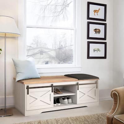 47" Farmhouse Entryway Shoe Bench with Thickened Cushion