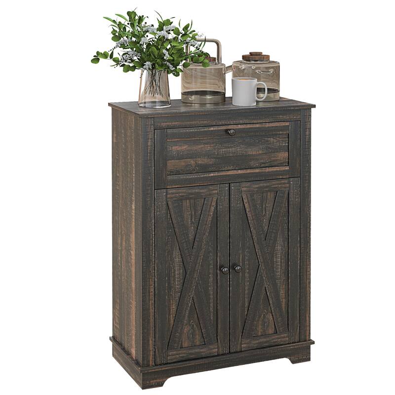 Farmhouse Barn Door Accent Cabinet, Kitchen Sideboard Storage Cabinet with Double Doors, Drawer, and Adjustable Shelf - Brown