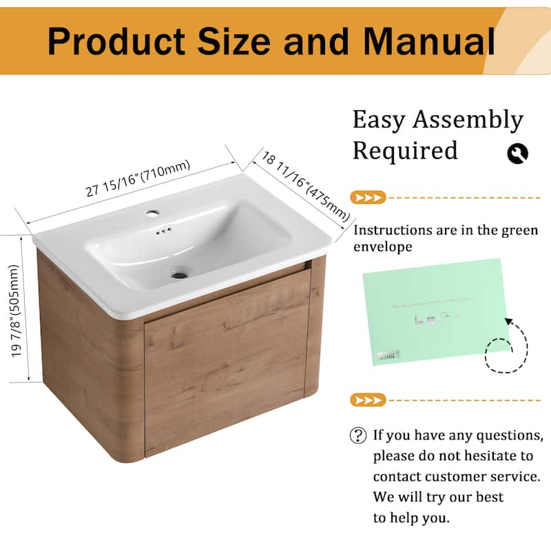 Malwee 28"/40"/52"/68" Floating Bathroom Vanity, Wall Mounted Bathroom Vanity with Ceramic Sink,Soft Close Door and Shelf