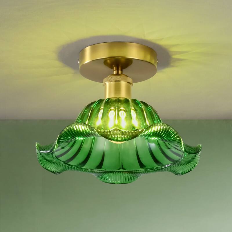 1-Light Retro Flower-Shaped Mertal Semi-Flush Mount Ceiling Light with Amber/Green Textured Glass Shade - Green/Gold