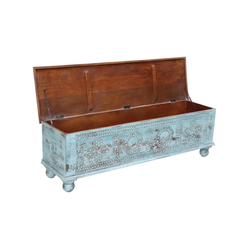 HomeRoots 54" Aqua Carved And Distressed Solid Wood Lift Top Coffee Table - 54 in. x 16 in. x 18 in.