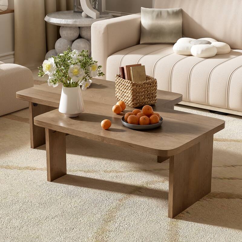 Roomfitters Minimalist Coffee Table Set, Rectangular Center Table with Two-Tone Design - Natural