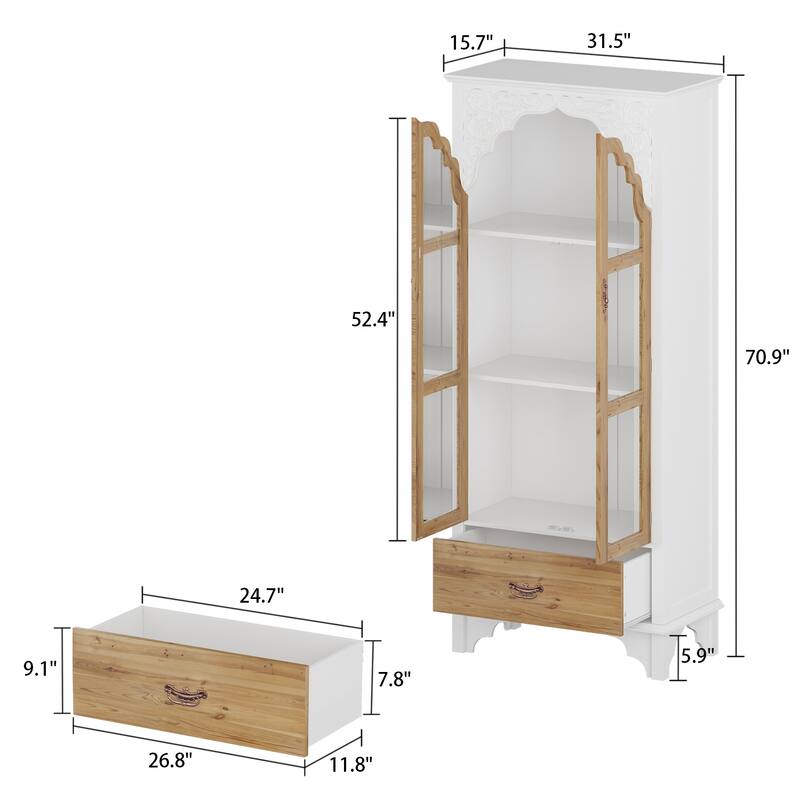 Boho Wood & MDF Display Cabinet with Tempered Glass Doors, Carved Arch Frame & Metal Handle Drawer
