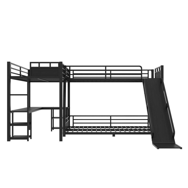 L-shaped Triple Bunk Bed with Corner Desk and Open Shelves, Metal Bedframe with Twin XL Loft Bed and Full over Queen Bunk Bed