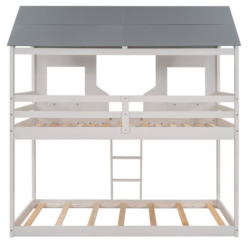 Bunk Bed Wood Bed with Roof, Window, Guardrail, Ladder