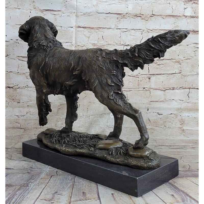 Golden Retriever Dog Bronze Statue Sculpture Figure On Marble Base Signed Art