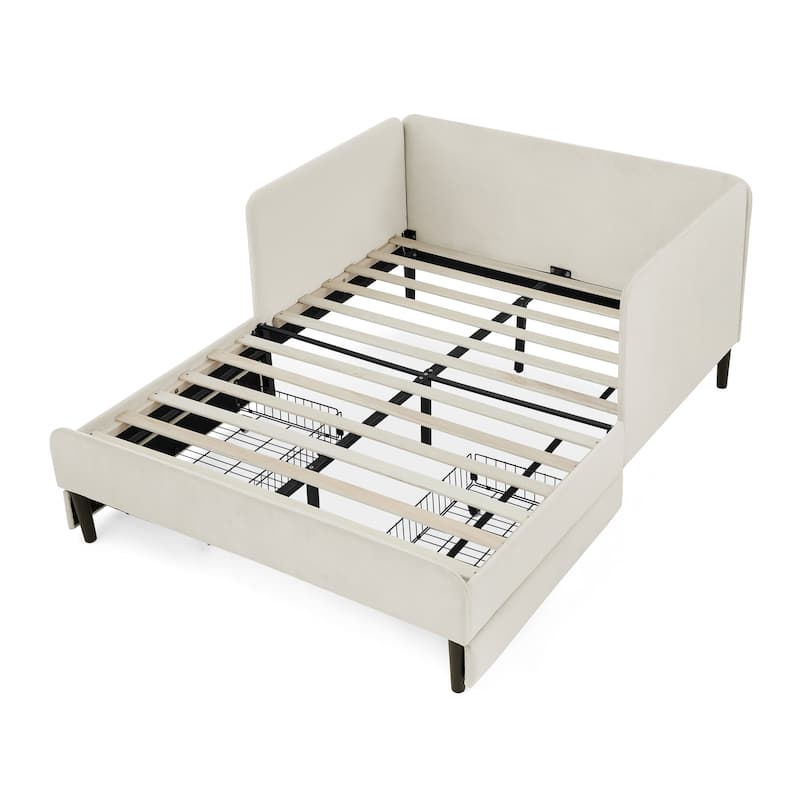 Roomfitters Twin/Full Upholstered Platform Bed with Side Backrest and Underbed Storage Trundle
