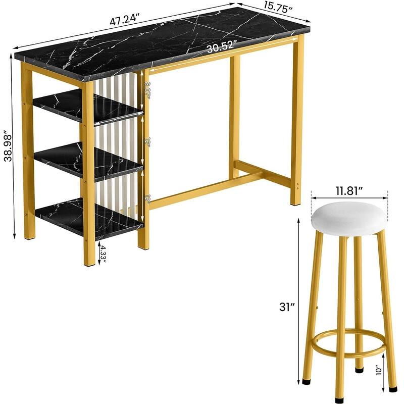 Grondin Modern Contemporary Faux Marble 3 Piece Bar Table Set with 2 Upholstered Stools and Extra Storage Shelves