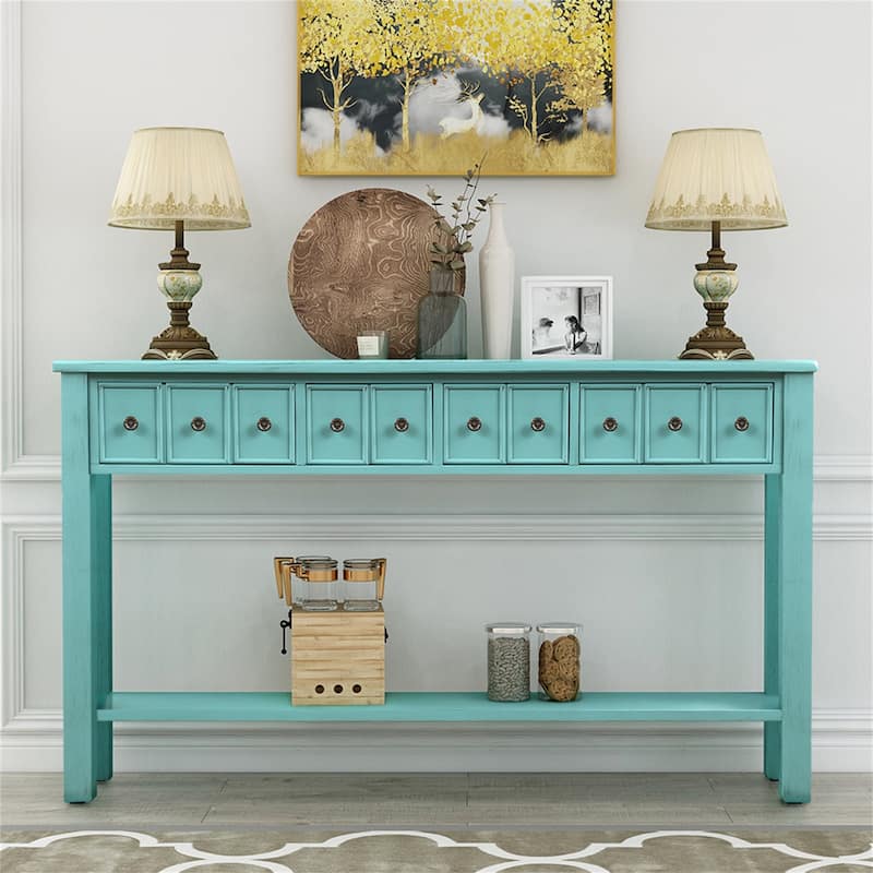 Merax Rustic 4-drawers Long Entryway Console Table - Tiffany Blue