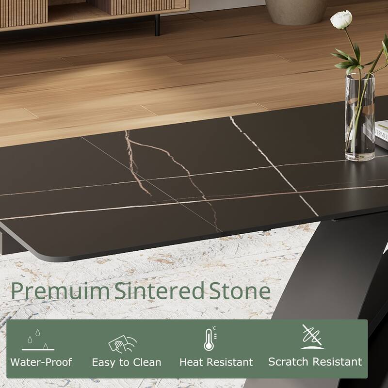 63-95"Extendable Modern Dining Table for 6-10, Black Sintered Stone Tabletop