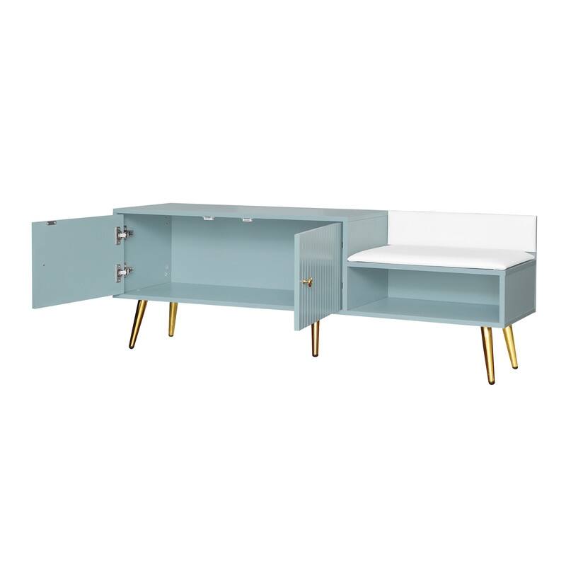 Modern Shoe Storage Bench with Storage Cabinet and Upholstered Cushions, Entryway Bench with Open Compartment for Living Room