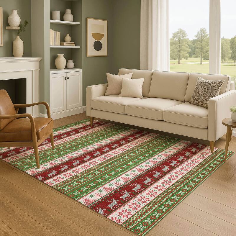 Premium Washable Super Soft Chritmas Stripes Mayfield Rug - Green - 10' x 14'