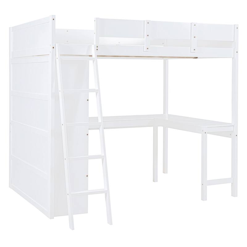 Full Size Loft Bed with Desk and Shelves in White/Gray
