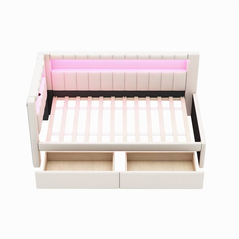 Platform Bed Linen Upholstered Daybed with L-shaped Headboard USB Ports and Light for Night's Sleep, Choose 2 Drawer or Trundle