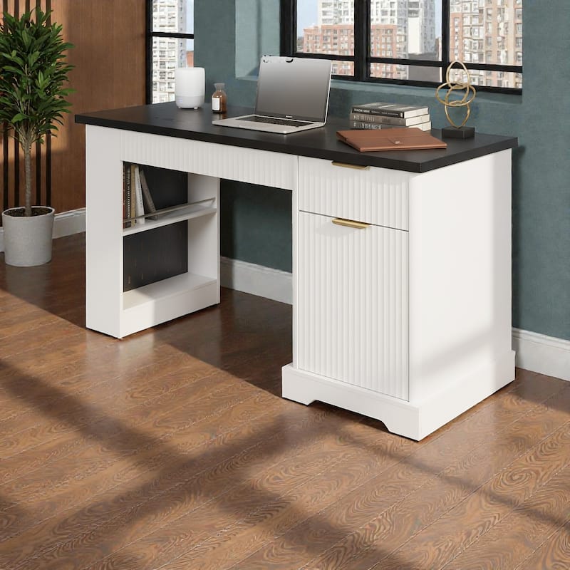 55 Inch Modern Fluted Office Desk with Storage Cabinet and Drawers, Computer Desk with Power Outlet Pegboard
