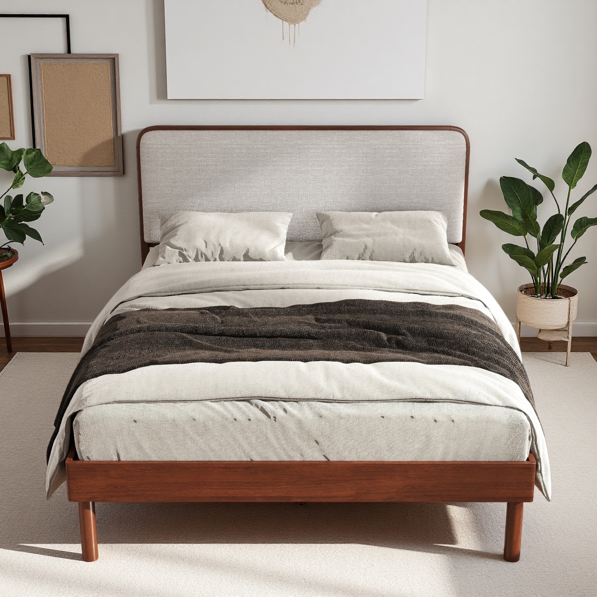 Queen Size Rubberwood Platform Bed with Natural Walnut Finish and Upholstered Headboard