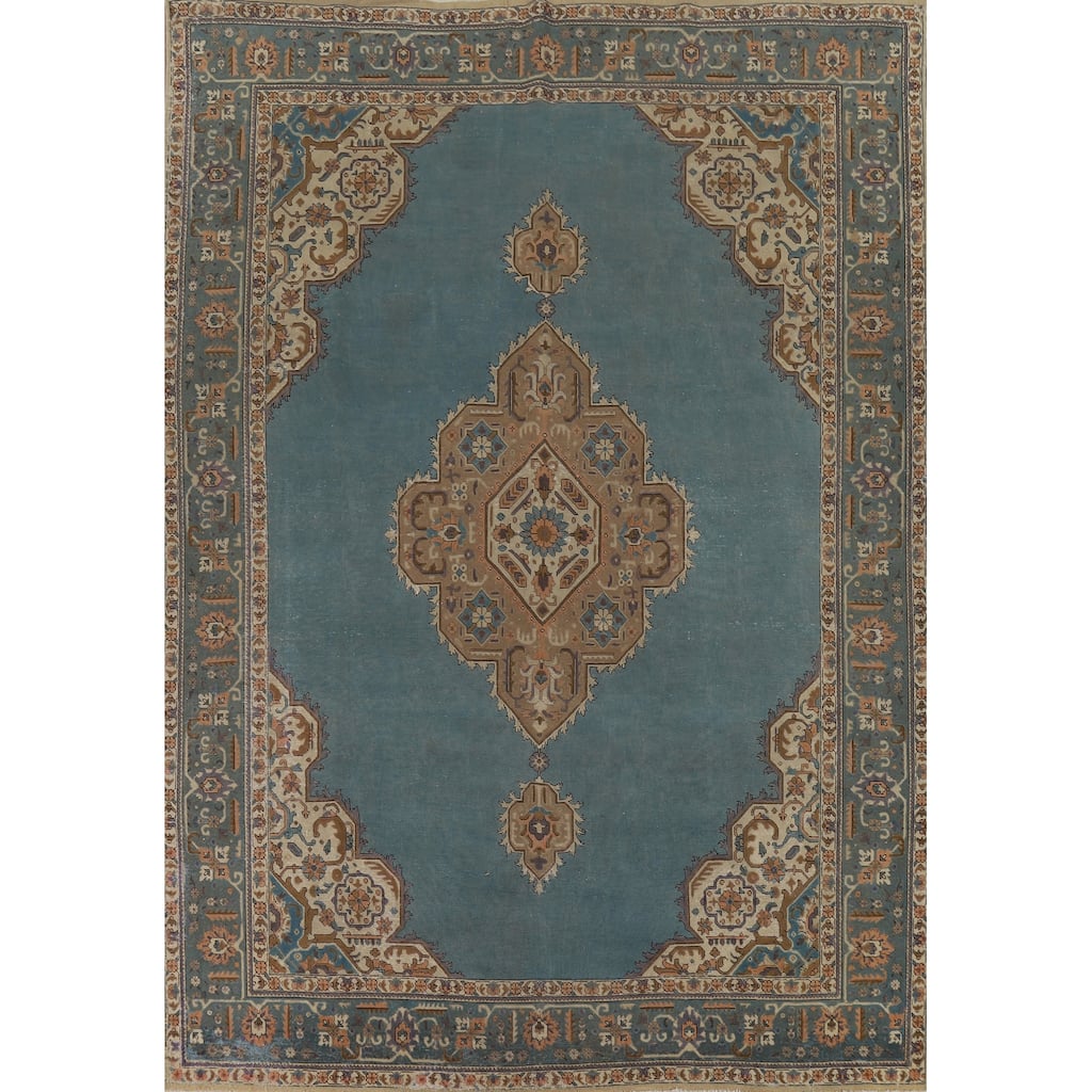Blue Tabriz Vintage Persian Area Rug Hand-Knotted Wool Carpet - 9'4" x 12'7"