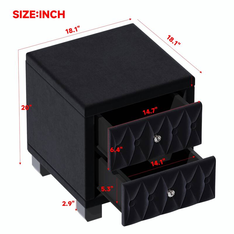 Velvet Nightstand with 2 Drawers and Crystal Handles