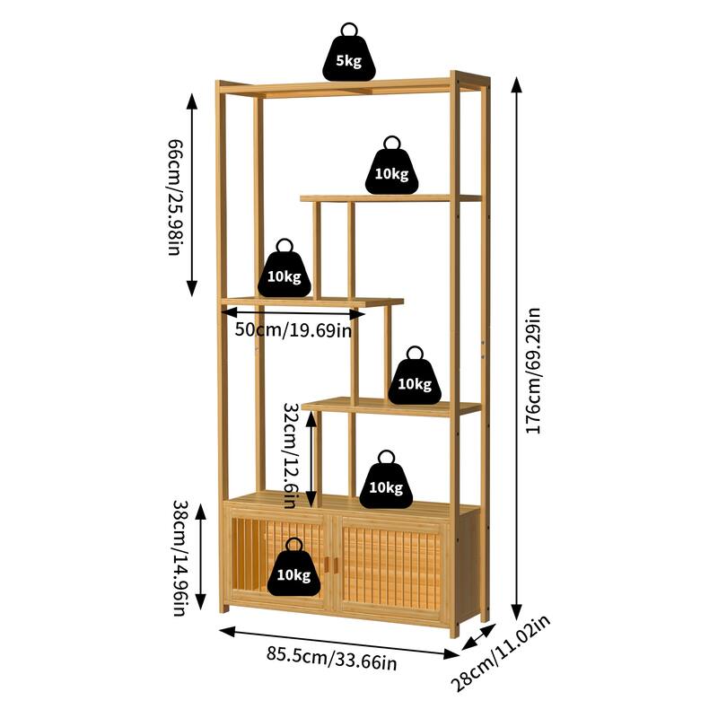 Natural Bamboo 5-Tier Bookcase with Storage Cabinet