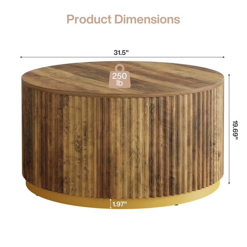 31.5" Round Coffee Table, Fluted Wooden Center Table with Sturdy Base