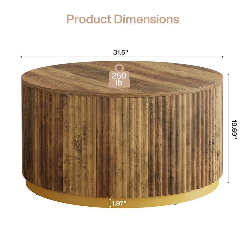 31.5" Round Coffee Table, Fluted Wooden Center Table
