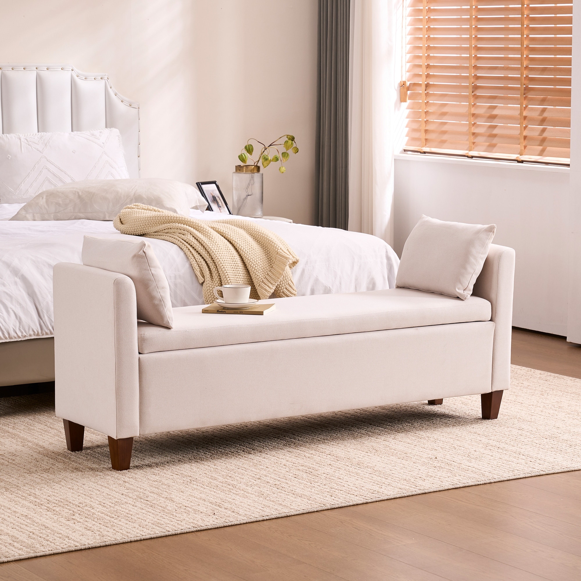 Storage Bench for Bedroom, 60" End of Bed Bench for King Size Bed Modern Upholstered Long Bench with Tufted Arm