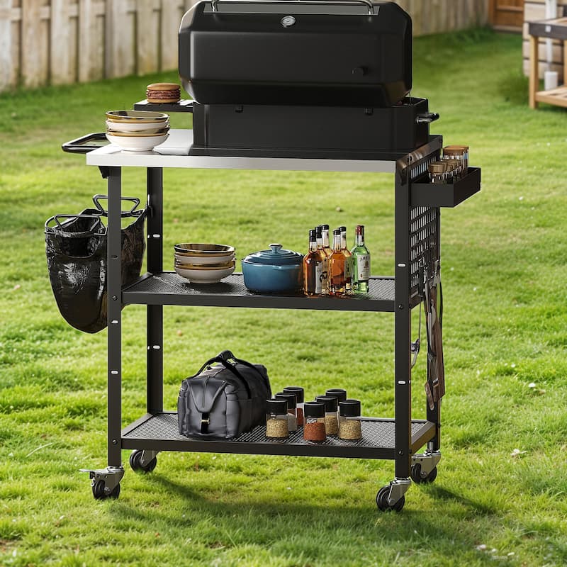 Moasis Outdoor 2 Tiers Stainless Steel Top Grill Cart Table with Drop Leaf and Wheels