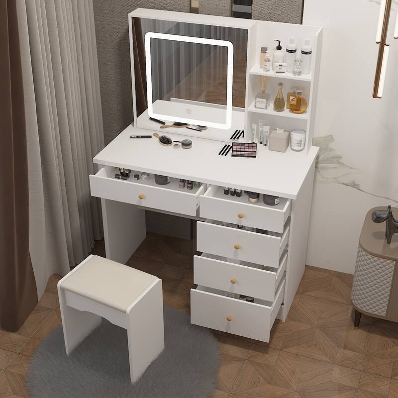 Kerrogee Makeup Vanity Set with Adjustable Lighted Mirror & Stool - 39.4"L x 19.7"W x 53.5"H