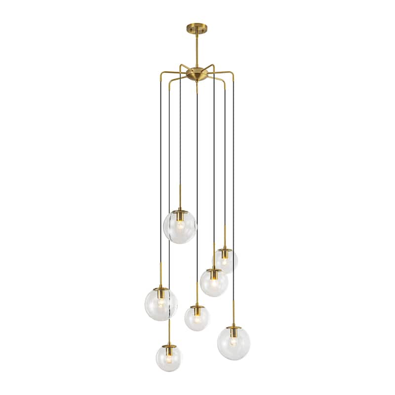 7-Light Modern Linear Cluster Gold Clear Glass Globe Bubble Chandelier Light for Stairways - 23.62 in. W x 47.24 in. H