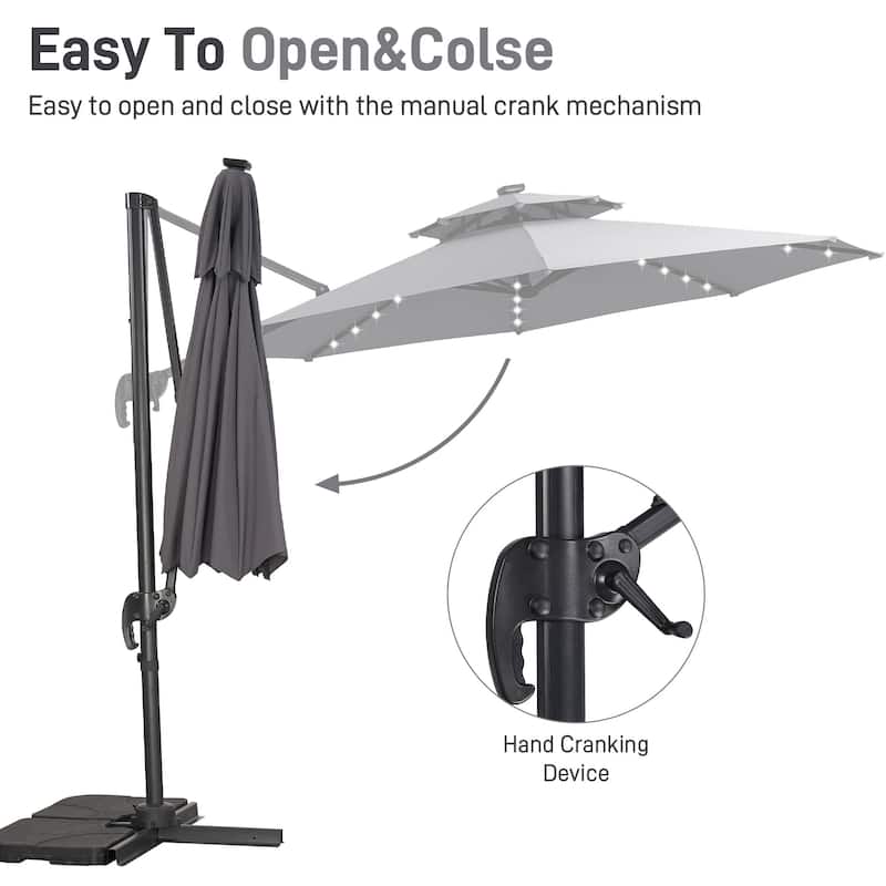 Autlaycil 10FT Cantilever Patio Umbrella with Solar Lights Included Base 360 Rotation Large Offset Hanging Outdoor Shade