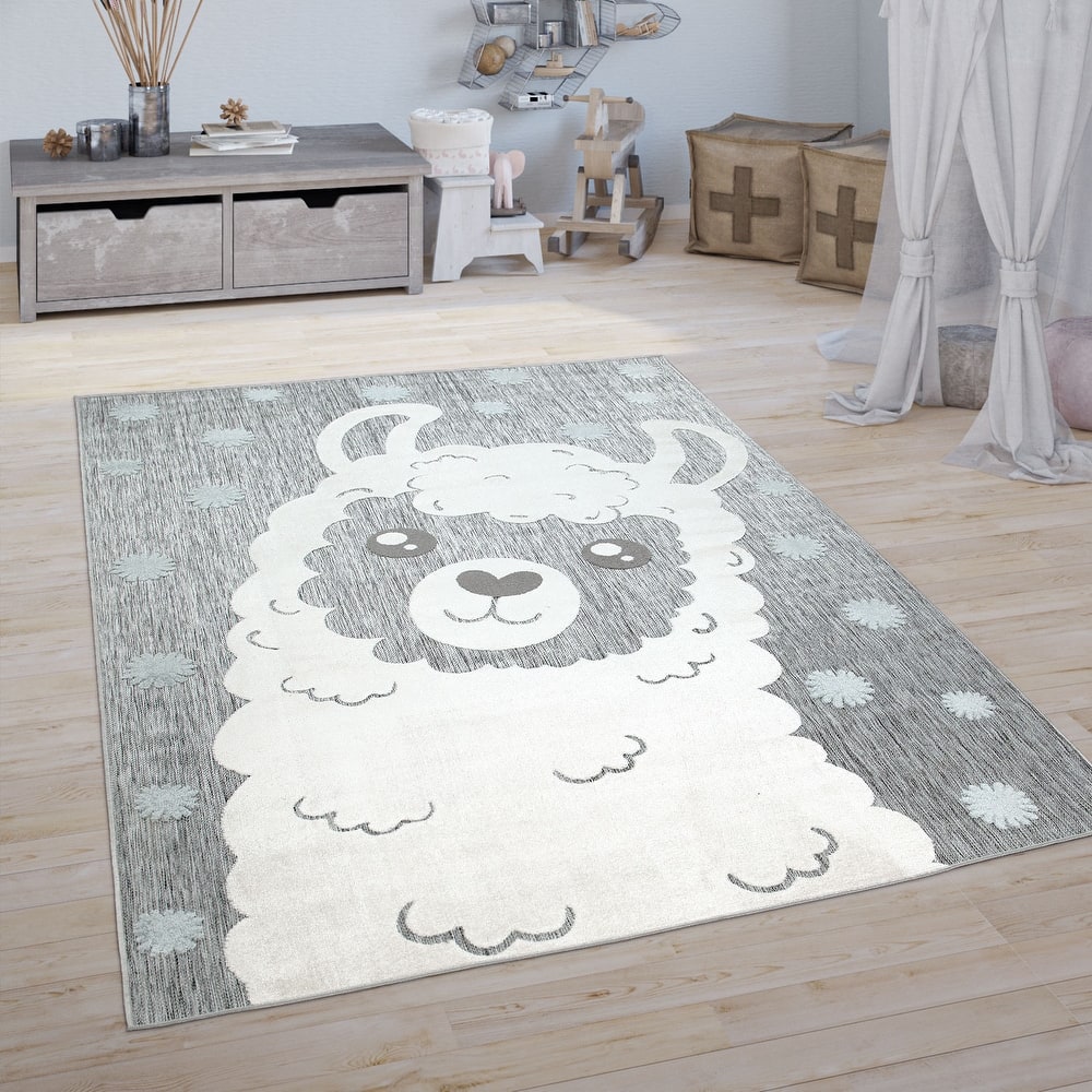 Animal Motif Kids Rug with Cute Llama Children Play Mat in Grey