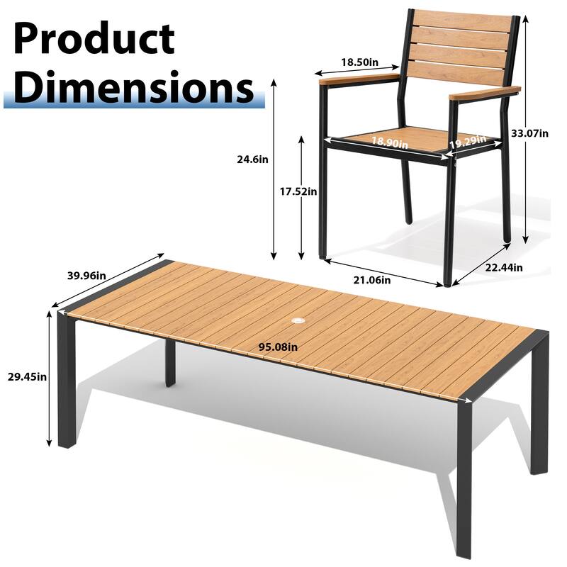 11-Piece Outdoor Patio Dining Set Wood Like Table Top Aluminum Rectangular Umbrella Hole Table with Stackable Armrest Chairs