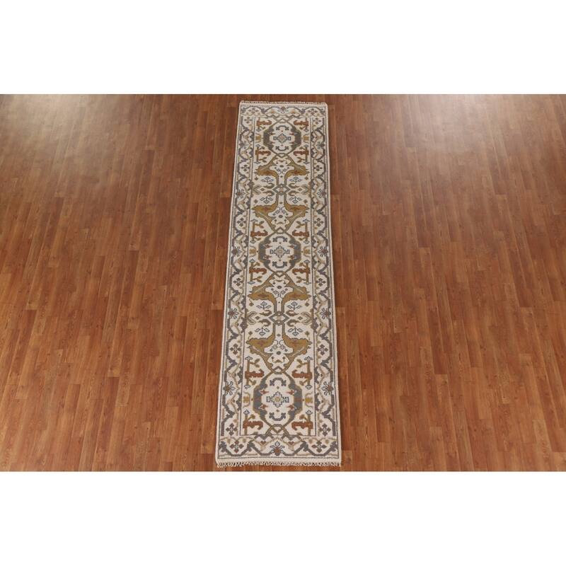 All-Over Ivory Oushak Indian Runner Rug Hand-knotted Wool Carpet - 2'6"x 10'2"
