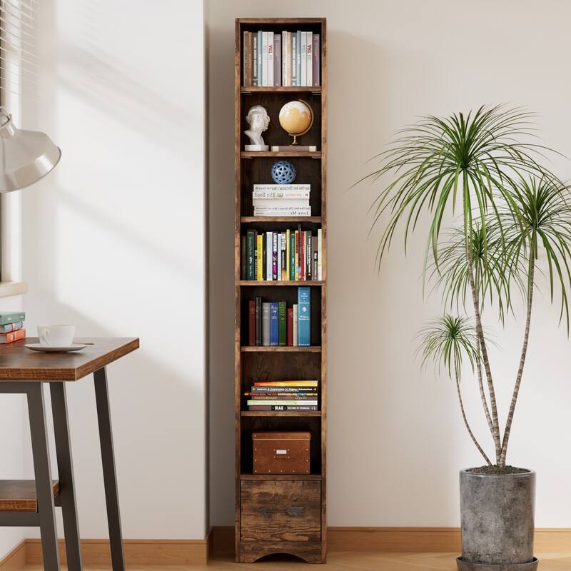 Javlergo Tall 7-Tier Adjustable Corner Bookcase with Drawer MDF Storage Shelf for Living Room Bedroom Kitchen and Entryway - Brown