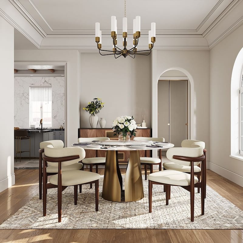 Modern Round White Dining Table，Sintered Stone Tabletop, Solid Black Carbon Steel Base