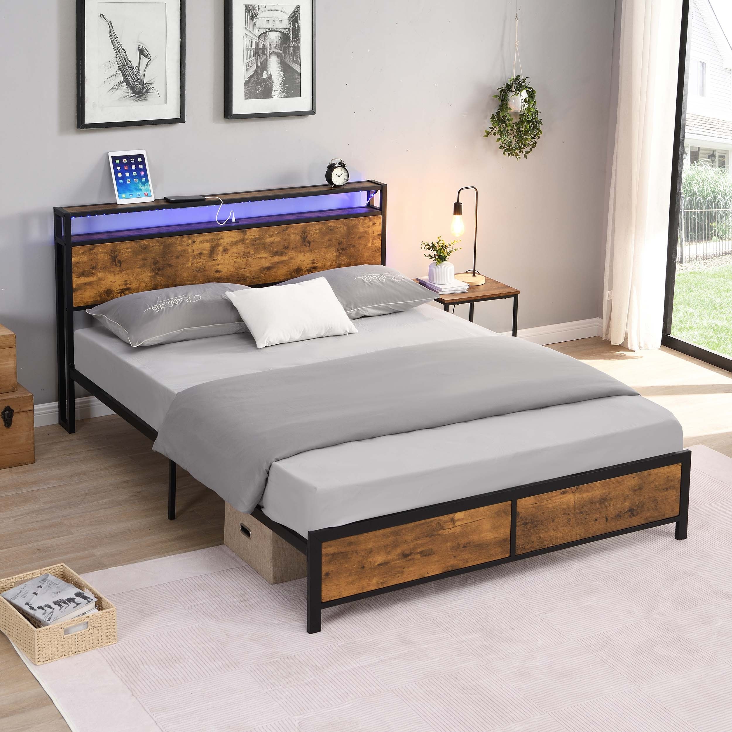Modern Industrial Noise Free Platform Bed Frame with 2 USB Ports, LED