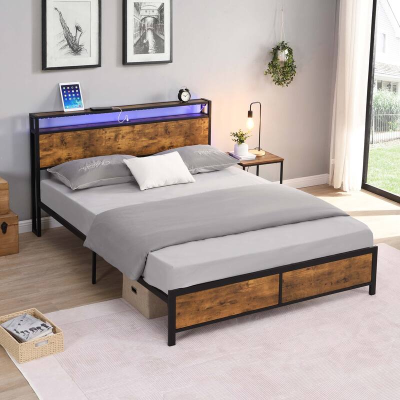 Modern Industrial Noise Free Platform Bed Frame with 2 USB Ports, LED - Black - Queen