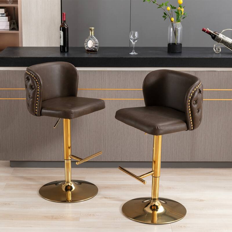 Modern Swivel Barstools, Tufted Back Upholstered Dining Chair, Leather High Bar Chair Adjustable Height, Set of 2