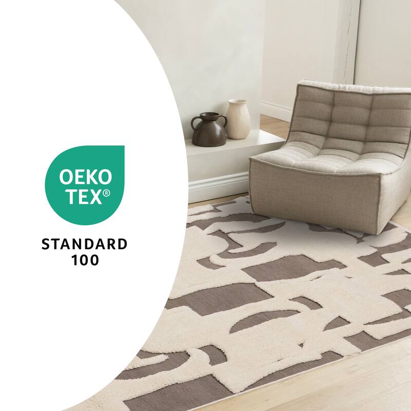 Taupe White Abstract Geometric Shapes Rug