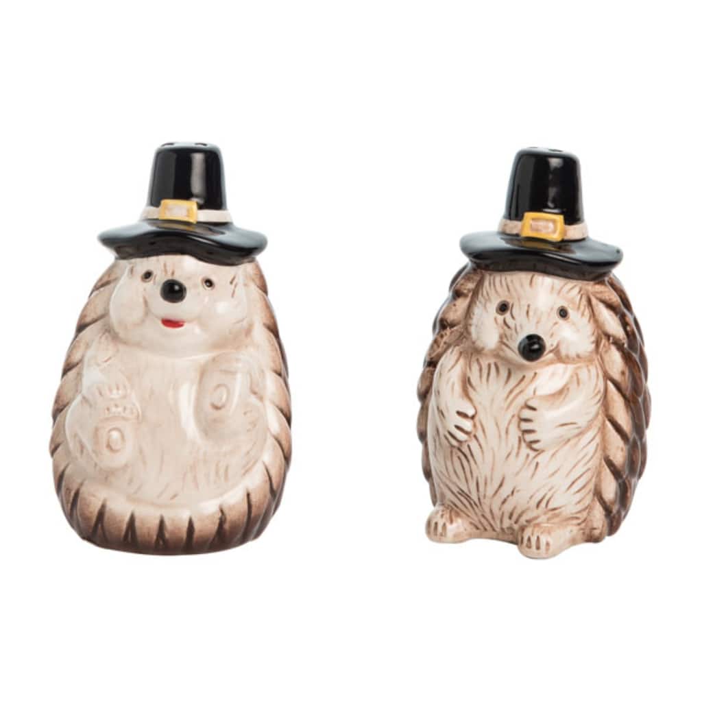 Transpac Dolomite 3.5 in. Multicolor Harvest Hedgehog with Pilgrim Hat Salt and Pepper Shakers Set of 2